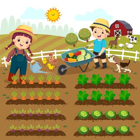 Picture Story For Kids, Farm Cartoon, Vegetable Drawing, Farm Pictures, Picture Composition, Farm Kids, Picture Story, Cartoon Background, Planting Vegetables