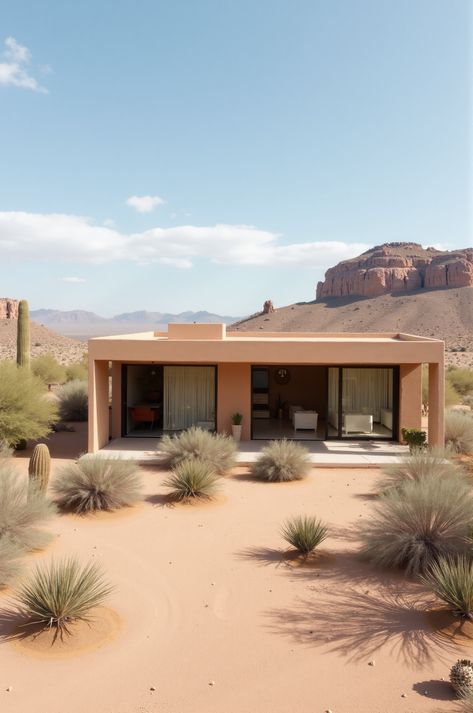 Experience the allure of desert living in this stunning minimalist home. Featuring a plateau backdrop, volcanic vent, and valley views, this single-story retreat offers tranquility and modern design. #DesertHome #Minimalism Modern Desert Home Exterior, Smooth Stucco Exterior, Desert Style Home, Smooth Stucco, Shaded Patio, Desert Modernism, Modern Desert Home, Adobe Architecture, Dream Environment