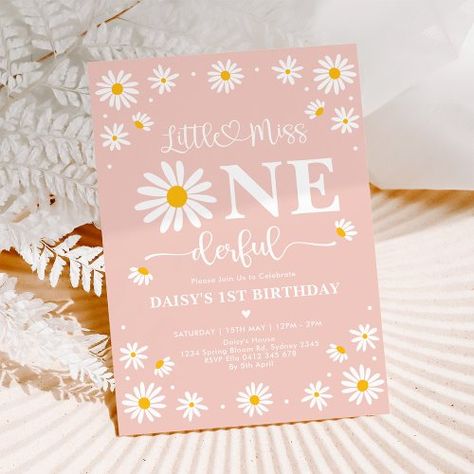 $2.30 | Blush Little Miss ONEderful Daisy Flowers Birthday | Birthday Invitations | blush pink, groovy one, little miss onederful, whimsical retro flowers, boho floral, trendy minimalist calligraphy script, daisy 1st birthday party, boho daisy first birthday, girl 1st birthday, bohemian daisy flowers Boho Daisy First Birthday, Daisy 1st Birthday Party, Daisy 1st Birthday, Daisy First Birthday, Little Miss Onederful, Daisy Invitations, Miss Onederful, Minimalist Calligraphy, Groovy One