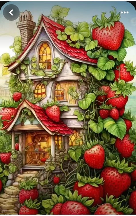 Strawberry Cottage, Strawberry Delight, Strawberry Decorations, Scenery Nature, House Drawing, Beautiful Scenery Nature, Strawberries And Cream, Fairy Art, Colouring Books