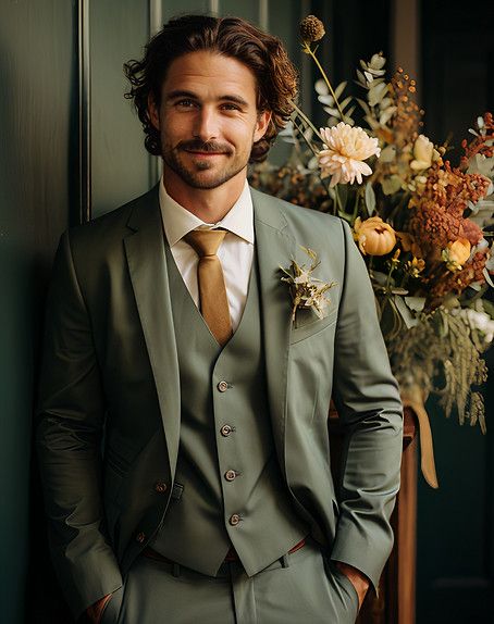 Tendances costume de mariage en 2024 | By Monsieur Green Suit Men, Costume Vert, Green Wedding Suit, Men's Wedding Outfit, Groom Wedding Attire, Blue Suit Wedding, Moon Wedding, Boho Men, Wedding Outfit Men