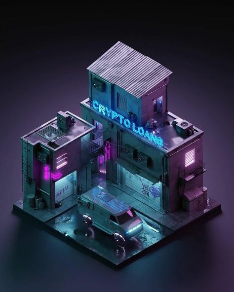 Cyberpunk House, Cyberpunk Building, Cyberpunk Room, San Myshuno, Building Concept, Isometric Art, Isometric Design, Cyberpunk Aesthetic, Cyberpunk City