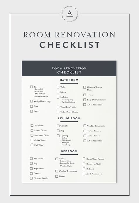 Project Starting Point:  A Room Renovation Checklist — Alison Giese Interiors Renovating A House Checklist, Whole House Renovation Checklist, House Renovation Planner, Interior Design Checklist Template, Bathroom Renovation Checklist, Bathroom Remodel Checklist, House Remodel Checklist, Checklist Design Layout, House Renovation Checklist