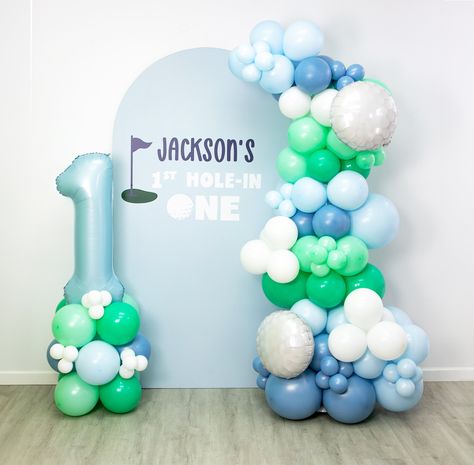 Golf Balloon Garland Balloon Arch With Golf Ball Mylars Hole in One First Birthday Party 1st Birthday Ideas Hole in Party Decor - Etsy Golf Themed Balloon Garland, Hole In One Balloon Arch, One Balloon 1st Birthdays, A Hole In One First Birthday, Golf Balloon Arch, Hole In 1 First Birthday, First Birthday Golf Theme, First Birthday Balloon Arch, Balloon Accents