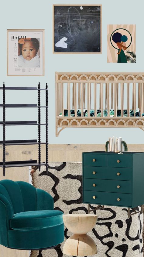 MiliMili nursery inspiration with emerald green glider, dresser, caned crib and palm print crib sheets Emerald Green Nursery, Green Nursery Girl, New Parent Gifts, Nursery Room Design, Green Nursery, Virtual Baby Shower, Toddler Travel, Nursery Wallpaper, Nursery Inspiration