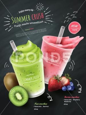 Drink Flyer, Berries Smoothie, Strawberry Panna Cotta, Poster Drink, Smoothie Menu, Juice Ad, Kiwi Berries, Smoothie Shop, Smoothie Fruit