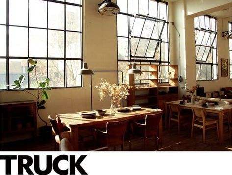 truck furniture + an update on the great sofa conundrum of 2011 Industrial Windows, Industrial Apartment, Bar Exterior, Industrial Restaurant, Industrial Living, Retro Furniture, Cool Ideas, Rustic Industrial, Vintage Lamps