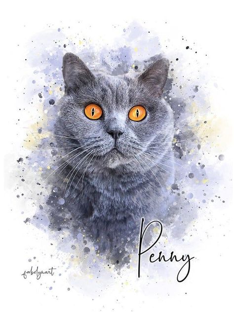 Custom Pet Portrait Digital Custom Cat Portrait Digital - Etsy British Blue Cat, Personalized Cat Gifts, Cat Portrait Painting, Dog Portraits Art, Cat Memorial Gift, Custom Pet Painting, Custom Pet Art, Custom Cat Portrait, Shorthair Cat