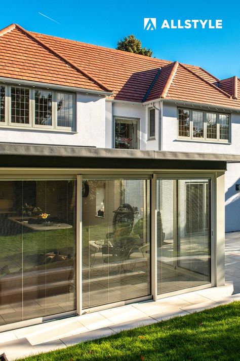 large aluminium sliding patio doors in painswick colour (RAL 7038) powder coating. smart visoglide plus profiles with slim sight lines, by Allstyle Aluminium Ral 7038 Agate Grey, Aluminium Orangery, Aluminium Patio Doors, Flat Roof Extension, Kitchen Extensions, Aluminium Sliding Doors, Grey Patio, Extension Ideas, Grey Houses