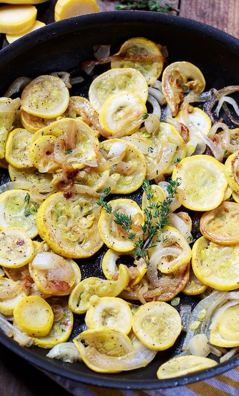 Summer Squash and Onions sauteed in bacon grease. Fried Squash And Onions, Fried Squash Recipes, Fried Yellow Squash, Squash And Onions, Fried Squash, Sauteed Squash, Easy Summer Side Dishes, Yellow Squash Recipes, Summer Squash Recipes