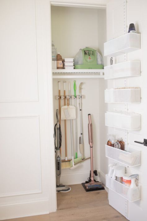 Clean Organized House Aesthetic, Walk In Cleaning Closet, Laundry Room Organization Minimalist, Purse Hangers For Closet, Home Storage Organization, Cleaning Closet Storage, Organizing Cleaning Supplies Closet, Cleaning Cupboard Storage, Utility Drawer Organization