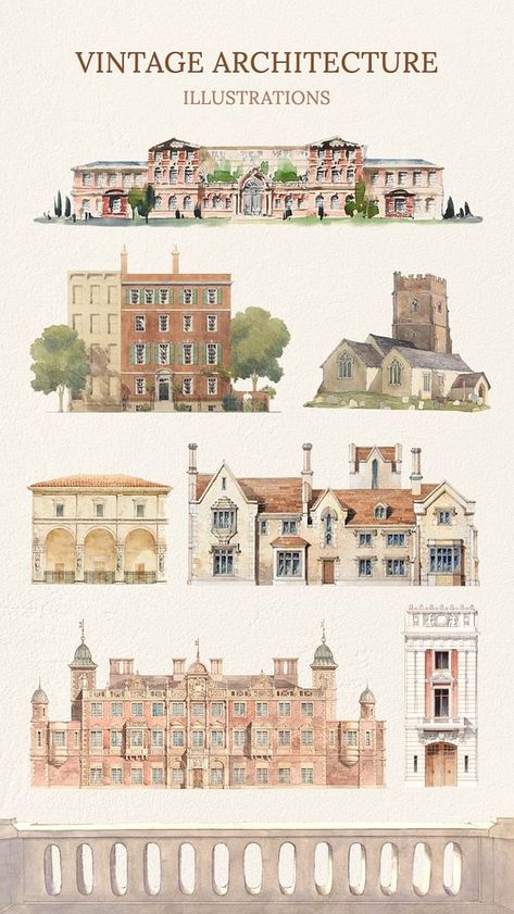 Vintage architecture illustrations  Pinterest banner | premium image by rawpixel.com / Aew Architecture Banner, Pinterest Banner, Drawings Vintage, Aesthetic Buildings, Architecture Illustrations, Collage Architecture, Plan Architecture, Vintage City, Png Stickers