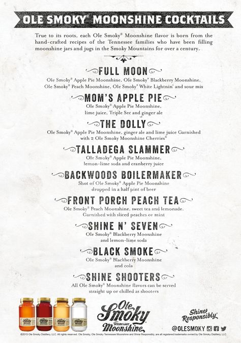 Ole Smoky Moonshine Cocktail Menu Moonshine Drink Recipes, Apple Pie Moonshine Drinks, Peach Moonshine, Ole Smoky Moonshine, Moonshine Cocktails, Apple Pie Moonshine, Spicy Candy, Mommy Juice, Vodka Lime