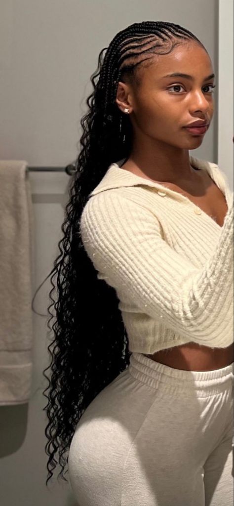 Feed in braids + curls Cute Summer Braids For Black Women, Hairstyles For Summer Braids, Braids For Labor And Delivery Black Women, Hairstyles 2024 Black Women, Hairstyles For Beach Photoshoot, Black Women Cute Outfits, Braids Summer 2024, Old School Braids Black Women, Locs Aesthetic Black Women