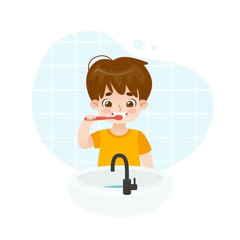 Vector cute little boy brushing his teet... | Premium Vector #Freepik #vector #kids-teeth #baby-tooth #brushing-teeth #cartoon Brush Teeth Illustration, Brush Teeth Cartoon, Hygiene Illustration, Teeth Illustration, Tooth Cartoon, Tooth Brushing, Brush Teeth, Kids Teeth, Tiny Steps