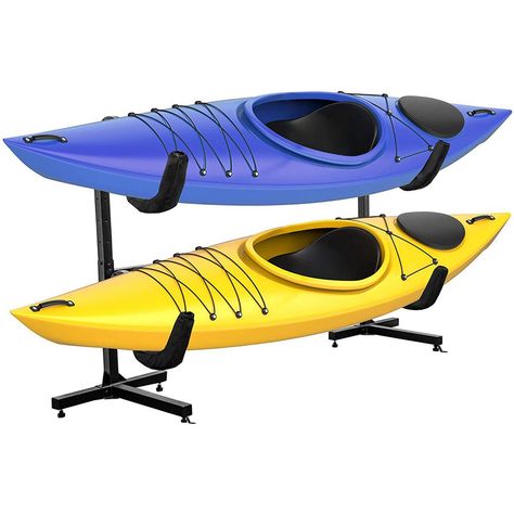 Make a splash in your leisure time schedule with this Deluxe Freestanding Two-Kayak Storage Rack! Not just for kayak aficionados, this durable and versatile storage rack looks and works great wherever you display it. The freestanding design makes it easy and reliable to hold your equipment in a garage, storage room, boathouse, or deck. Each kayak rack features solid steel construction to give you all the support your great needs. The dual tripod base ensures the rack stays planted firmly on the Garage Storage Room, Kayak Holder, Small Canoe, Kayak Stand, Garage Racking, Kayak Storage Rack, Space Organization, Kayak Storage, Kayak Rack