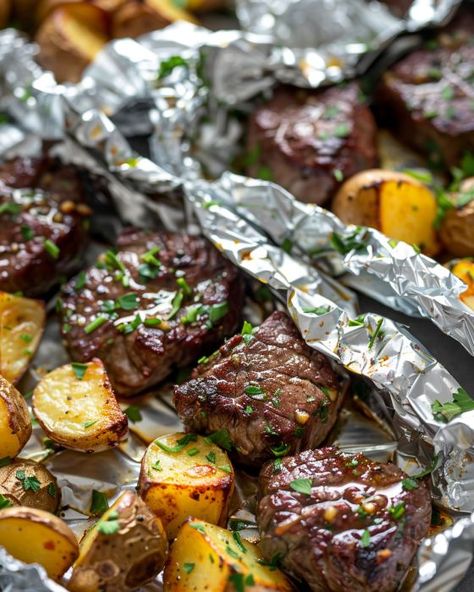 Sirloin Steak Foil Packet, Foil Oven Dinners, Steak Packets In Oven, Steak Bites Foil Packets, Tinfoil Dinners Oven, Steak In Foil Packet Oven, Steak And Shrimp Foil Packets In Oven, Steak Potatoes Foil Pack In Oven, Steak Foil Packets For The Oven