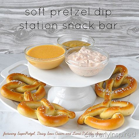 Soft Pretzel dip snack bar - Cleverly Inspired Things To Dip Pretzels In, Pretzel Bite Dip, Pretzel Thins Dips, Pretzel Bites Bar Wedding, Soft Pretzel Bar, Pretzel Ring Beer Cheese Dip, Christmas Dip, Daisy Sour Cream, Pretzel Bars