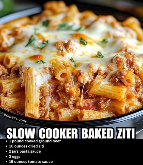 Tasty Recipes Ziti Recipes Crockpot, Simple Crockpot Pasta Recipes, Low Ingredient Slow Cooker Recipes, Crockpot Recipes Baked Ziti, Slow Cooker Ziti Crock Pot, Crockpot Baked Ziti With Meat, Crock Pot Baked Ziti With Ground Beef, Baked Ziti With Ground Beef Crockpot, Crock Pot Ziti Slow Cooker