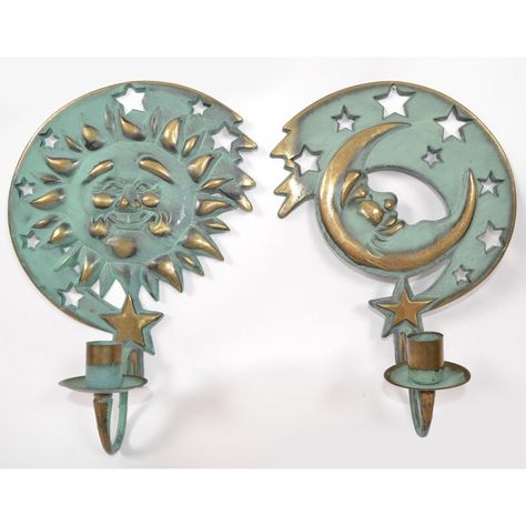 For celestial sun and moon decor Lovers this Set of Brass Candle Sconces. Made in the 1994 by Partylite in Verdigris Gold-Green vintage patina look.  Sun measures: 10.5 inches Height x 7.5 inches width, Projection of the wall is 4 inches. Moon measures: 11 inches Height x 7.5 inches width, Projection of the wall is 4 inches. Makers Mark on the reverse, Dated 1994, made in Taiwan. In good vintage condition, minor wear due to History.  L-517-331 Green Boho Decor, Pretty Lamps, Celestial Bedroom, Candle Holders Wall, Celestial Room, Wall Mounted Candle Holders, Mixing Metals, Wall Candle, Iconic 90s