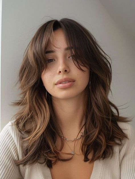 Stylish Shoulder Length Hair with Curtain Bangs: Trends & Tips Hair Cut With Curtain Bangs For Girl, Certain Bangs Medium Hair, Haïr Cut Curtain Bangs, Beginner Bangs, Circular Face Haircut, Mid Length Hair With Layers Curtain Bang, Long Wolfcut With Curtain Bangs, Face Frame Haircut For Long Hair, Collarbone Length Shag