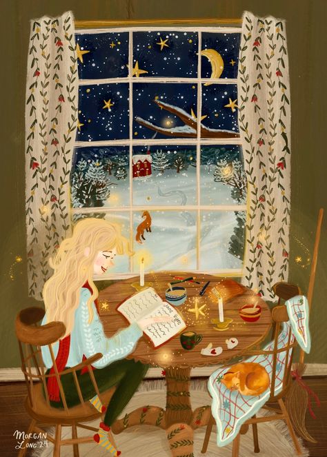 January Postcard Illustration & FREE phone background download ❄️ Cinnamon & Clove | Patreon Morgan Long Illustration, Studying Artwork, Winter Illustration Wallpaper, Cozy Home Illustration, Cozy Winter Illustration, January Illustration, Fall Illustration Art, Cozy Artwork, Cosy Illustration