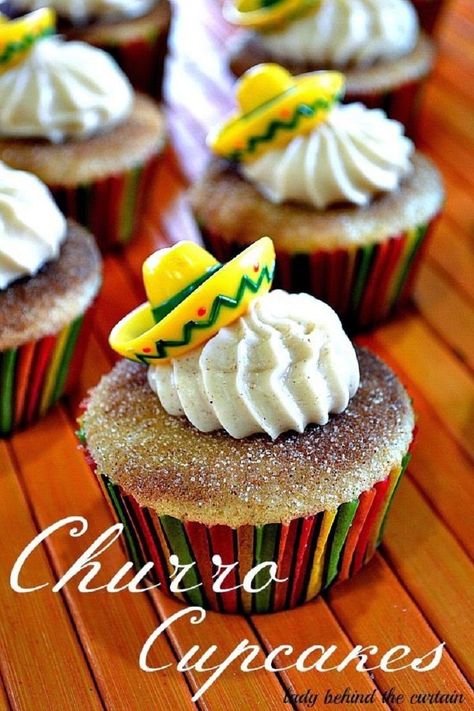 Spanish Class Party Food, Tacos In Cupcake Pan, Vegan Churro Cupcakes, Mexican Fiesta Cupcake Ideas, Fiesta Party Cupcakes, Fiesta Themed Food, Mexican Cake Pops Fiestas, Taco Party Food Ideas Dessert, Fiesta Menu Ideas