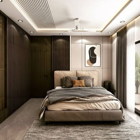 The Bedroom has a Combination of Grey, Beige & Brown Consists of a Single 🛏 Bed with Wooden Legs & Square Cushioned Backrest. The 👔 Wardrobe has Vertical Grooves & the same Groove Pattern is Continue in the Ceiling. Study 📚 Table on the Opposite Wall has Space for Working Desk, Book Shelves & Shelves for Décor Items is highlighted by Led Lights. And, POP False Ceiling with Recessed & Cove ✨ Lights complements the Space - GharPedia Pop Grooves On Wall, Pop Groove Ceiling Design Bedroom, Grooves In Ceiling, Wooden Ceiling Bedroom, Ceiling Groove Pattern, False Ceiling Groove Design, Groove Pattern On Wall, Bedroom False Ceiling Design Modern Simple, Bedroom False Ceiling Design Modern