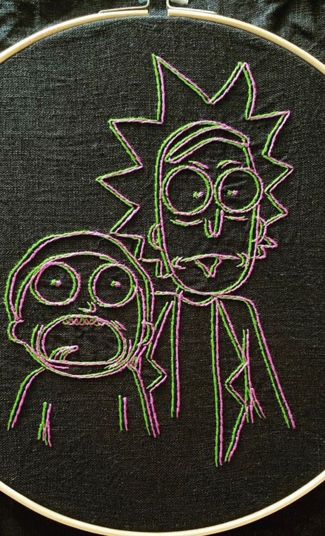 Embroidery Stitches To Fill Space, Single Color Embroidery, Streetwear Embroidery Designs, Weird Embroidery Ideas, Alternative Embroidery, Alt Embroidery Ideas, Edgy Embroidery Designs, Micro Embroidery, Rick And Morty Embroidery