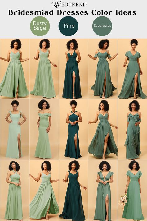 Eucalyptus Maid Of Honor Dress, Wedding Green Dress Maids, Different Shades Of Green Bridesmaids Dresses, Olive Green Maid Of Honor Dress, Maid Of Honor Dress Styles, Green Weddings Aesthetic, Dark Sage Dress, Green Wedding Dress For Bridesmaid, Sage Green Bridesmaids Dress