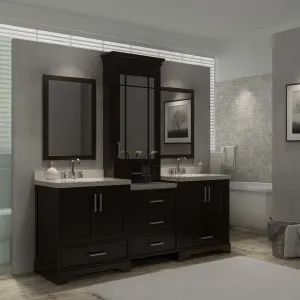 Ariel M085D-ESP Stafford 84" Double Sink Bathroom Vanity Set | QualityBath.com Colored Cabinets, Luxury Bathroom Vanities, Bathroom Vanity Double Sink, Light Granite, Framed Mirrors, Vanity Set With Mirror, Steam Showers Bathroom, Double Sink Vanity, Double Vanity Bathroom