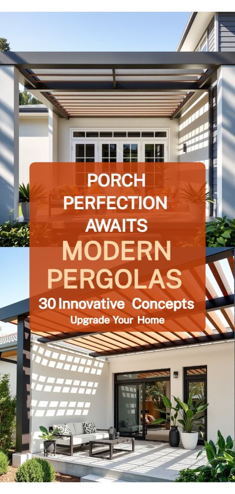 Innovative Pergola Designs Front Porch Shade Ideas, Pergalo Ideas Pergolas, Modern Pergola Designs, Attached Pergola, Fabric Awning, Flat Roof House, Outdoor Cooking Area, House Front Porch, Pergola Ideas