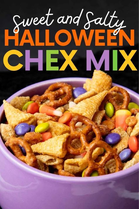 Mix up a batch of this Halloween Chex mix for the most ghostly holiday around. It is perfect for parties! Harvest Chex Mix Halloween Party, Halloween Trail Mix Recipe Nut Free, Halloween Check Mix, Chex Mix With Bugles, Halloween Mix Snack, Halloween Trail Mix Recipe, Halloween Chex Mix Recipes, Halloween Trail Mix, Halloween Party Mix