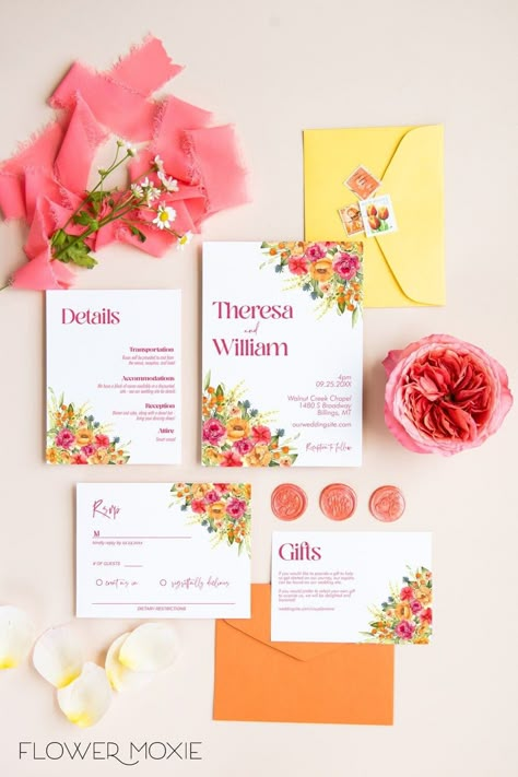 Sunset Wedding Theme, Orange And Pink Wedding, Flower Moxie, Orange Wedding Invitations, Bright Wedding Colors, Diy Your Wedding, Colorful Wedding Invitations, Colorful Invitations, Summer Wedding Invitations