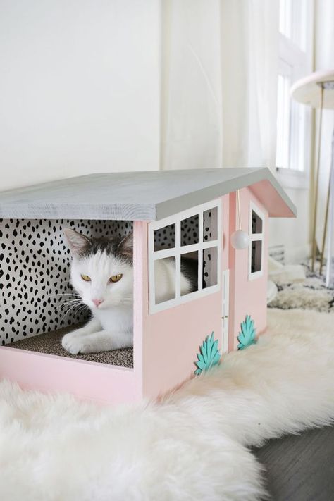 Katt Diy, Cat House Plans, Diy Chat, Pet Crafts, Chat Diy, Cardboard Cat House, Diy Cat Tree, Cat House Diy, Palm Springs Style