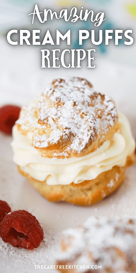 These homemade Cream Puffs are made with a light and fluffy pastry shell and a creamy custard filling. They’re a classic French dessert that’s easier than you might think to make at home. #thecarefreekitchen #creampuffs #pateachoux #french #dessert #choux #pastry #custard Cream Puff Pastry Recipes, Puff Cream Recipe, Small Batch Cream Puffs, Creme Filled Pastries, Cream Fillings Pastry, Cream Puffs Filling Recipe, French Choux Pastry, Fluffy Pastry Recipe, Cream Puff Recipe Easy