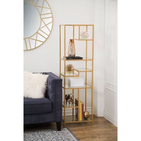 Devon & Claire Giana Gold Glass Book Shelf - Walmart.com Glass Book Shelf, Gold Shelving, Glass Bookshelves, Geometric Bookcase, Bookshelf Bed, Floating Glass Shelves, Contemporary Bookcase, Glass Book, Open Bookcase