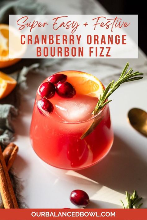 garnished cocktail with cranberries, orange slice and sprig of rosemary Bourbon Fizz, Cranberry Cocktail Recipe, Cranberry Fizz, Ginger Beer Cocktail, Unsweetened Cranberry Juice, Holiday Flavors, Cranberry Drinks, Cranberry Vodka, Orange Cocktails