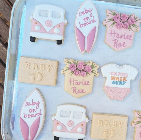 Boho Surf Cookies, Baby On Board Gender Reveal, Surf Gender Reveal, Baby On Board Cake Ideas, Beach Girl Baby Shower Ideas, Baby On Board Decorations, Baby Shower Beach Theme Girl, Coastal Baby Shower Theme Girl, Baby On Board Girl Baby Shower Ideas