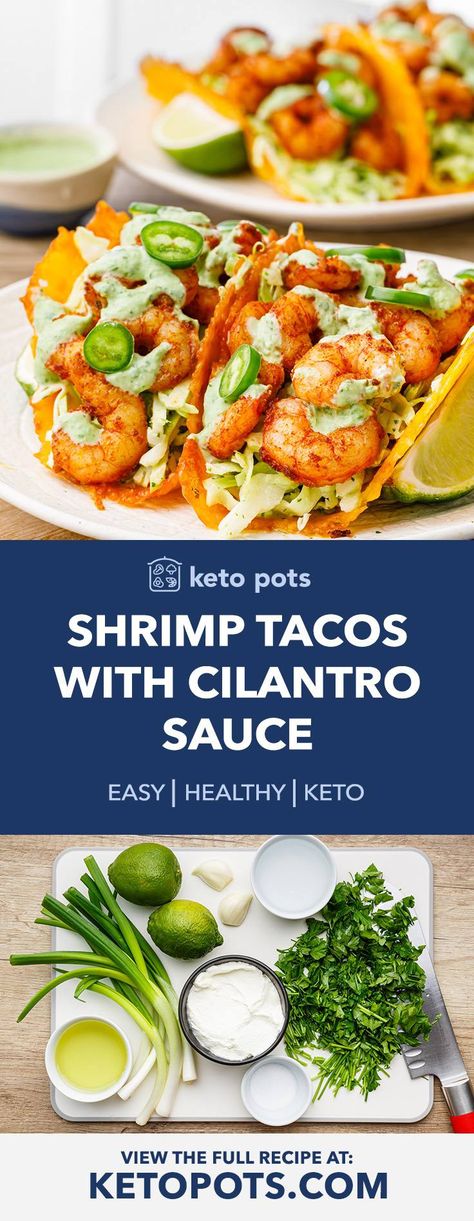 Cheese Shell Keto Shrimp Tacos with Cilantro Lime Sauce - Keto Pots Keto Shrimp Taco Bowl, Keto Shrimp Tacos Low Carb, Bariatric Shrimp Recipes, Shrimp Tacos Keto, Keto Shrimp Tacos, Keto Tacos, Cilantro Lime Shrimp Tacos, Keto Taco Salad, Spicy Chicken Tacos