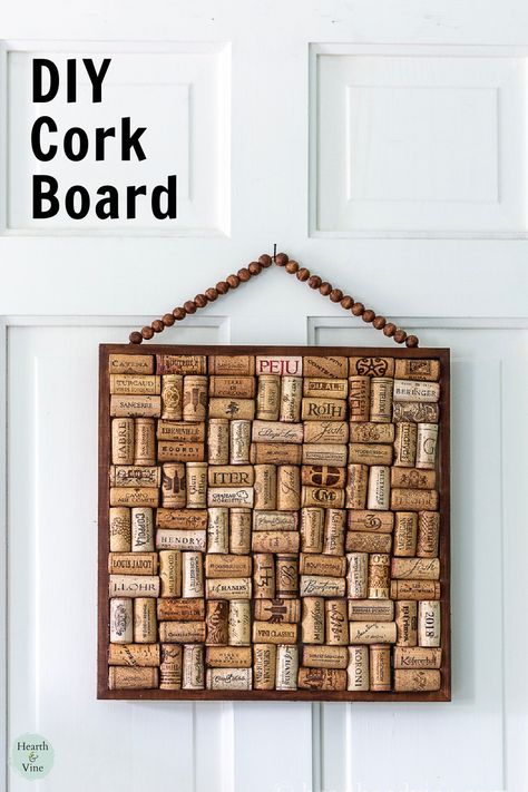 Save all those wine corks or buy some to make this easy and fun cork board. Not only does it look great but it you can pin all your important notes to it. Wine Cork Board Diy, Wine Cork Pin Board, Cork Board From Wine Corks, Homemade Cork Board, Wine Cork Bulletin Board, Vine Cork Ideas, Wine Cork Bulletin Board Diy, Wine Cork Corkboard, Cork Display Ideas