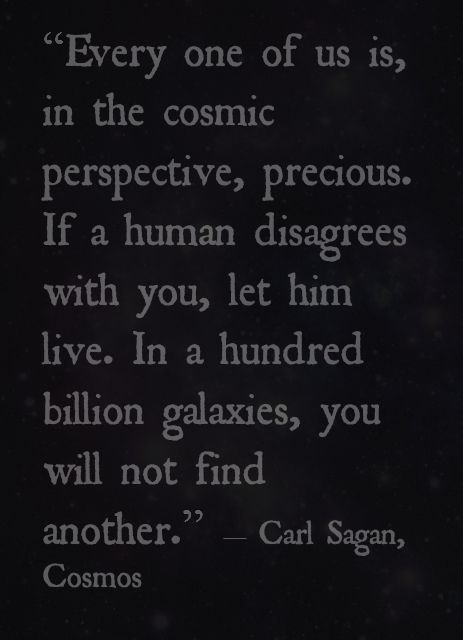 “Every one of us is, in the cosmic perspective, precious. If a human disagrees with you, let him live. In a hundred billion galaxies, you will not find another.” ― Carl Sagan, Cosmos Universe Sayings, Cosmic Perspective, Cosmos Quotes, Carl Sagan Cosmos, Alan Watts Quotes, Science Quotes, Human Dignity, Spirit Science, Quantum Mechanics