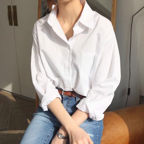 #kfashion, #ootd Chic Button Down Shirt Outfit, White Button Up With Jeans Outfit, Jeans With Shirts Women, Jeans With White Shirt Outfit, Loose Button Up Shirt Outfit Women, White Shirt Blue Jeans Outfit Women, Denim White Outfit, White Shirt And Denim Jeans, White Dress Shirt Outfit