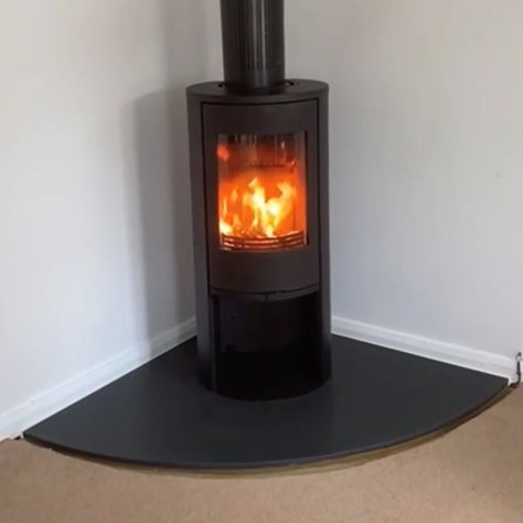 Cylinder Log Burner, Corner Hearth Ideas, Free Standing Log Burner Living Rooms, Corner Log Burner Ideas, Stove Hearth Ideas, Corner Wood Burning Stove, Offset Fireplace, Corner Log Burner, Free Standing Stove