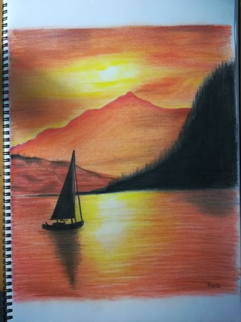 Landscape Paintings With Pencil Colours, Simple Drawings Color, Landscapes To Draw Pictures, Color Pencil Drawings For Beginners, Colour Pencil Drawing Beginner, Cool Color Pencil Drawings, Natural Seen Drawing With Colour, Drawing Ideas Landscape Pencil Colour, Pencil Colour Painting Landscape