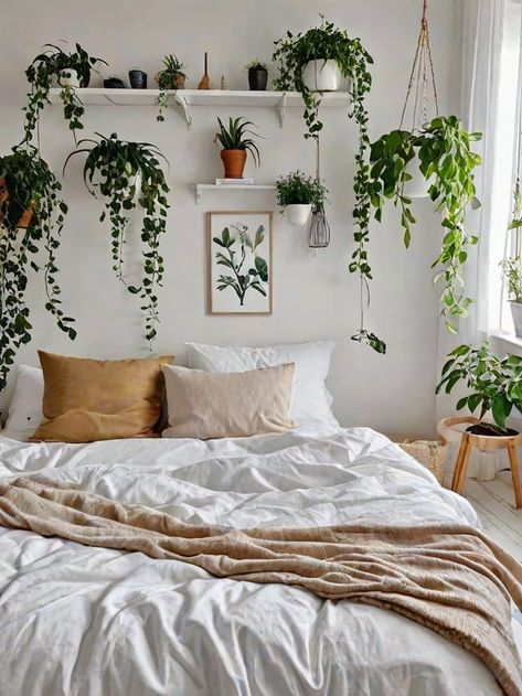 Bedroom with a cozy and relaxing atmosphere. - Design Ideas AI Scandinavian Apartment Decor, Hanging Plants Indoor Bedroom, Tan Bedroom, Scandinavian Bedrooms, Minimalist Dorm, Scandi Bedroom, Plants Hanging, Earthy Bedroom, White Room Decor