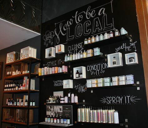 Davines Retail Display, Davines Salon Design, Salon Backroom Ideas, Salon Retail Wall Display Ideas, Salon Product Shelf, Retail Shelves Salon, Hair Salon Retail Display, Hair Salon Retail Display Ideas, Salon Retail Shelves