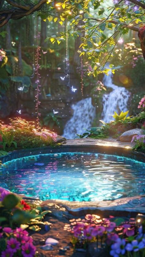 Fairy Waterfall Aesthetic, Magic Pool Fantasy Art, Magical Door Aesthetic, Magical Fairy Garden Aesthetic, Magical Kingdom Aesthetic, Fairy World Aesthetic, Magical World Aesthetic, Magic Garden Aesthetic, Ethereal Fairy Aesthetic