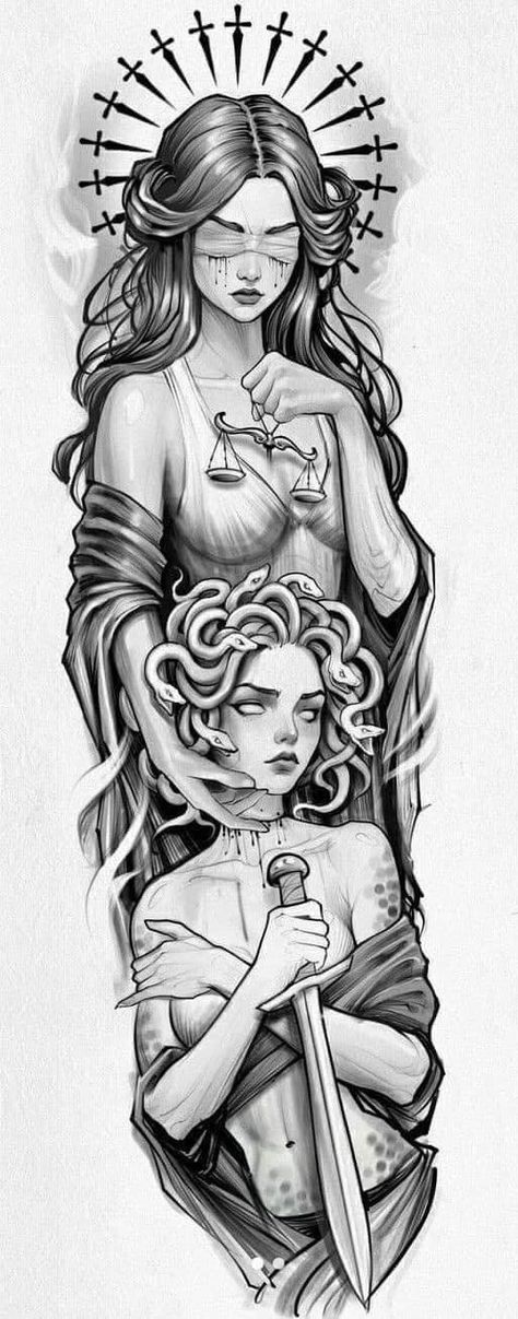 Greek Mythological Art, Oxymoron Tattoos, Female Portrait Tattoo Design, Man Eater Tattoo Ideas, Tattoo Ideas Female Drawings, Dark Feminine Tattoos Sleeves, Goddess Tattoo Design Greek Mythology, Women Tattoo Designs Drawings, Dessin Medusa Tattoo