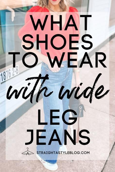 What Shoes to Wear with Wide Leg Jeans - Straight A Style Wide Leg Pants And Cowboy Boots, Spring Wide Leg Jeans Outfit, Wide Leg Cropped Jeans Outfits Spring, Wide Leg Jean Shoes, Best Shoes For Wide Leg Jeans, Shoes With Wide Leg Trousers, How To Wear Wide Leg Cropped Jeans, What Shoes To Wear With Wide Leg Jeans, Tops To Wear With Wide Leg Jeans